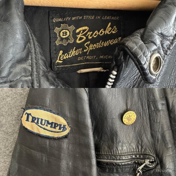 60s Brooks Cafe Racer Vintage Leather Motorcycle Triumph Jacket Large 44 - Picture 4 of 8